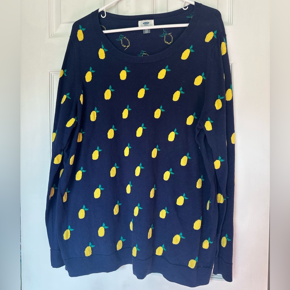 Old Navy Size XXL Navy Blue and Yellow Lemon Print Crewneck Sweater